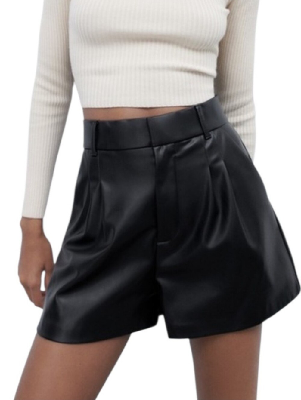 Zara Black High-Waist Faux Leather Shorts Size L - Picture 2 of 12
